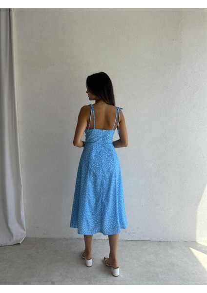 Fiyonk Askılı Yırtmaç Detaylı Puantiyeli Midi Elbise – Mavi / Pembe / Vizon / Somon modelleri