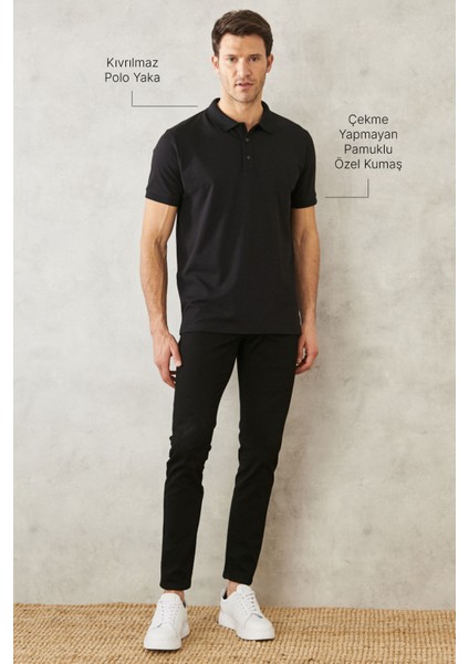 AC&Co / Altınyıldız Classics Erkek Çekmeyen Pamuklu Kumaş Slim Fit Dar Kesim Simsiyah Kıvrılmaz Polo Yaka T-shirt modelleri