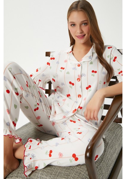 Kadın Enda Fırfırlı Kurdela Desen Alt Üst Pijama Takımı fırsatları