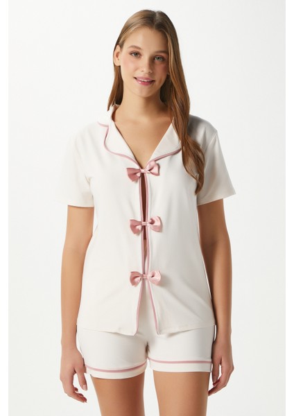 Kadın Violet Ekru Şortlu Fiyonklu Alt Üst Pijama Takımı
