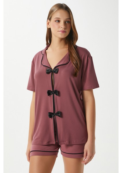 Kadın Violet Gülkurusu Şortlu Fiyonklu Alt Üst Pijama Takımı
