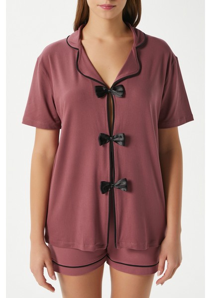 Kadın Violet Gülkurusu Şortlu Fiyonklu Alt Üst Pijama Takımı fiyatları
