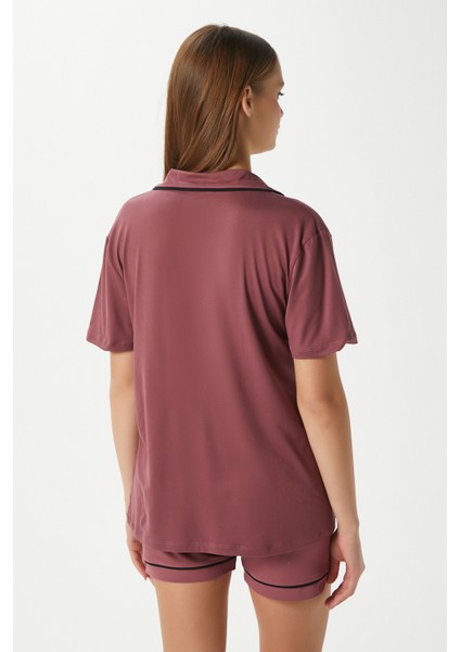 Kadın Violet Gülkurusu Şortlu Fiyonklu Alt Üst Pijama Takımı modelleri