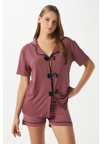 Kadın Violet Gülkurusu Şortlu Fiyonklu Alt Üst Pijama Takımı fırsatları