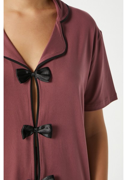 Kadın Violet Gülkurusu Şortlu Fiyonklu Alt Üst Pijama Takımı indirimleri