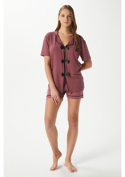 Kadın Violet Gülkurusu Şortlu Fiyonklu Alt Üst Pijama Takımı