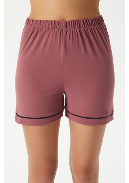 Kadın Violet Gülkurusu Şortlu Fiyonklu Alt Üst Pijama Takımı