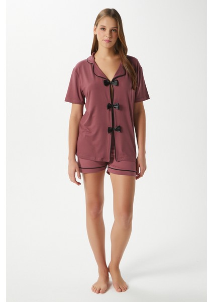 Kadın Violet Gülkurusu Şortlu Fiyonklu Alt Üst Pijama Takımı