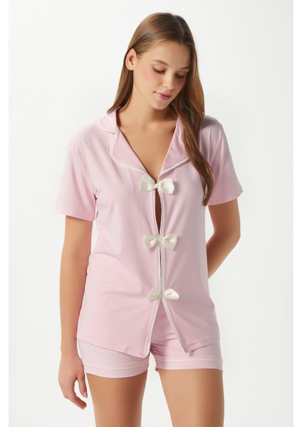 Kadın Violet Pembe Şortlu Fiyonklu Alt Üst Pijama Takımı fırsatları