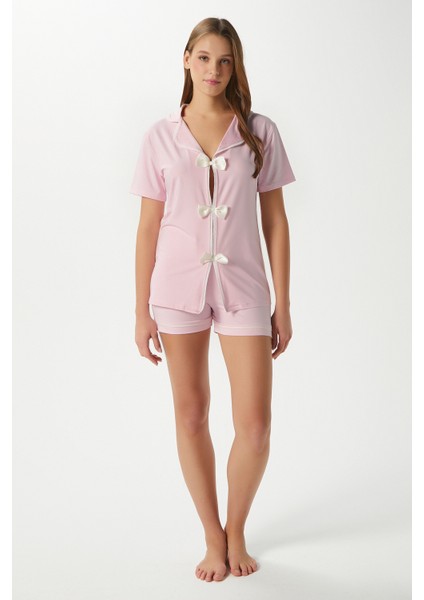 Kadın Violet Pembe Şortlu Fiyonklu Alt Üst Pijama Takımı