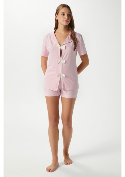 Kadın Violet Pembe Şortlu Fiyonklu Alt Üst Pijama Takımı