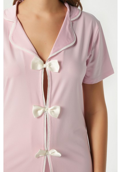 Kadın Violet Pembe Şortlu Fiyonklu Alt Üst Pijama Takımı