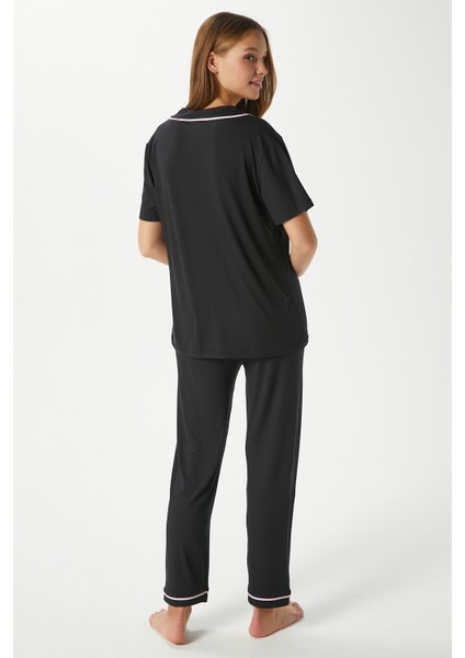 Kadın Julia Siyah Fiyonklu Alt Üst Pijama Takımı