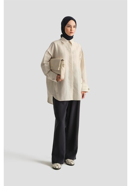Pat Detaylı Çizgili Keten Tunik 25Y4605 Beyaz