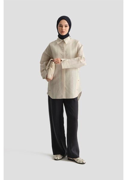 Pat Detaylı Çizgili Keten Tunik 25Y4605 Beyaz fiyatları