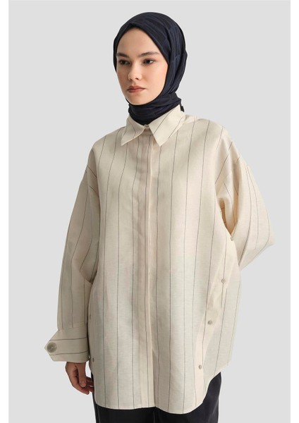 Pat Detaylı Çizgili Keten Tunik 25Y4605 Beyaz modelleri