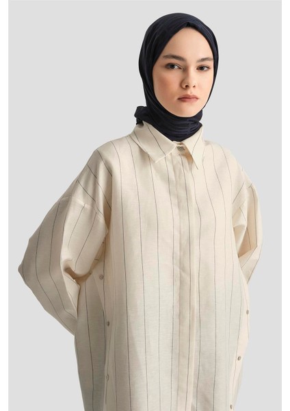 Pat Detaylı Çizgili Keten Tunik 25Y4605 Beyaz fırsatları