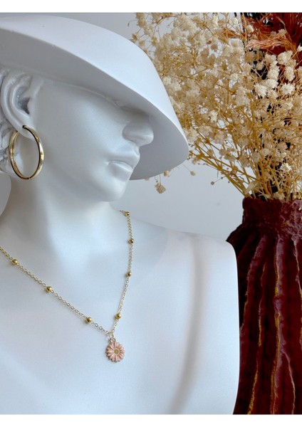 Kadın Pembe Papatya Figürlü Toplu Zincir Kolye