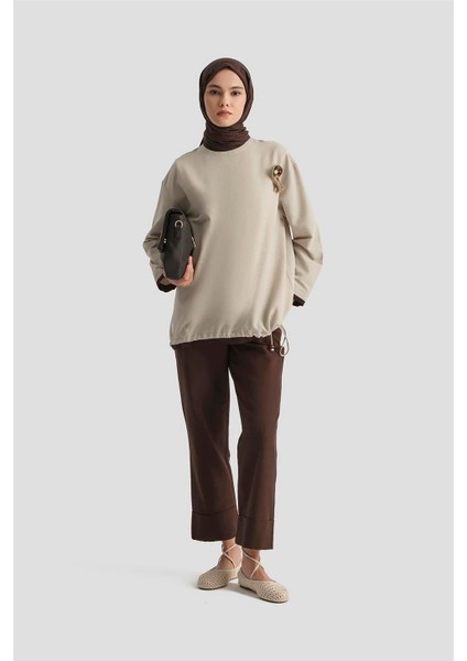 Broşlu Keten Tunik 25Y4620 Taş