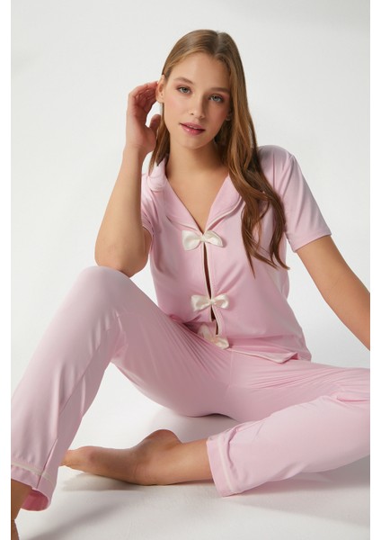 Kadın Julia Pembe Fiyonklu Alt Üst Pijama Takımı