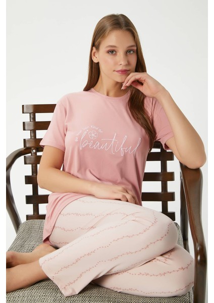 Kadın Beautiful Yumuşak Doku Pudra Bisiklet Yaka Kısa Kollu Alt Üst Pijama Takımı