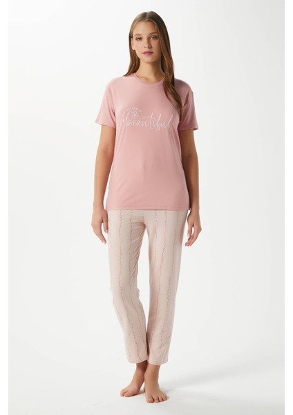 Kadın Beautiful Yumuşak Doku Pudra Bisiklet Yaka Kısa Kollu Alt Üst Pijama Takımı modelleri