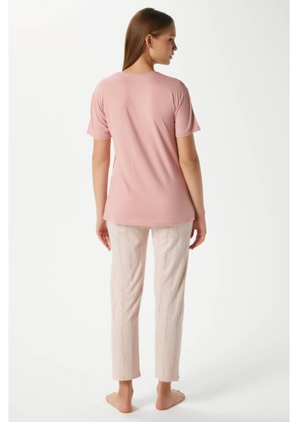 Kadın Beautiful Yumuşak Doku Pudra Bisiklet Yaka Kısa Kollu Alt Üst Pijama Takımı