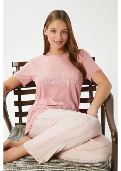 Kadın Beautiful Yumuşak Doku Pudra Bisiklet Yaka Kısa Kollu Alt Üst Pijama Takımı