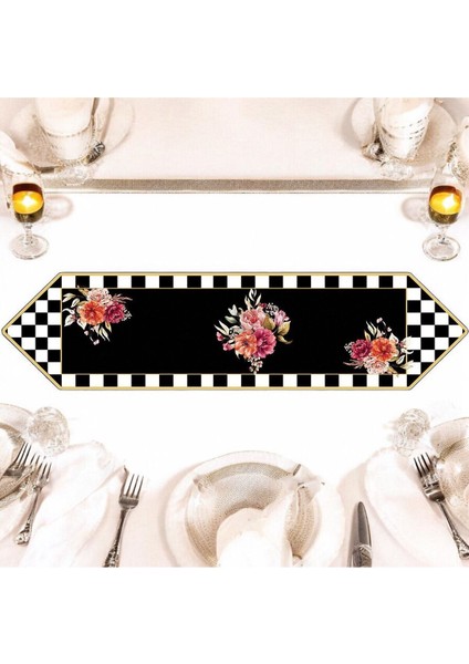 Siyah Beyaz Kareli Çiçek Desenli Runner ve Amerikan Servis Masa Örtüsü modelleri