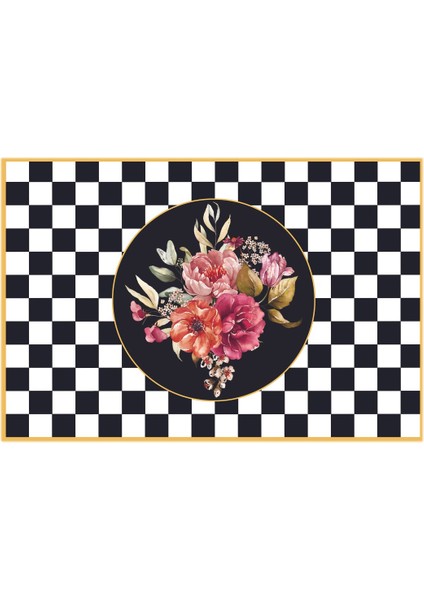 Siyah Beyaz Kareli Çiçek Desenli Runner ve Amerikan Servis Masa Örtüsü fırsatları