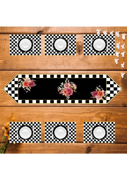 Siyah Beyaz Kareli Çiçek Desenli Runner ve Amerikan Servis Masa Örtüsü indirimleri