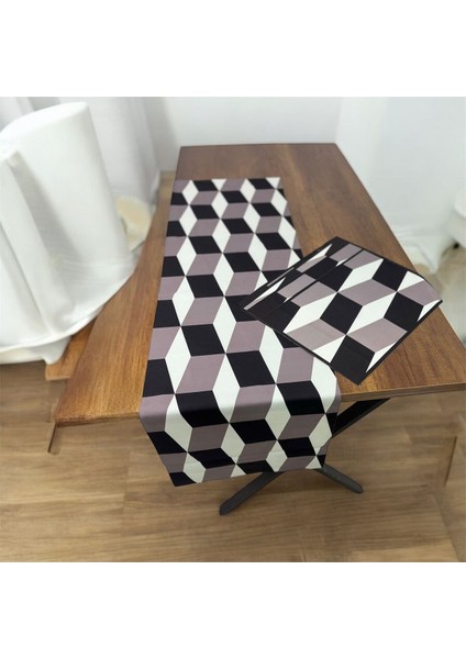 Kareli Desenli Runner Örtüsü 40 x 140 ve Amerikan Servis Takımı - 4 Adet