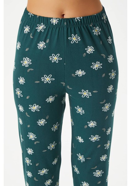 Kadın Bloom Yumuşak Doku Yeşil Çiçek Işlemeli Bisiklet Yaka Kısa Kollu Alt Üst Pijama Takımı