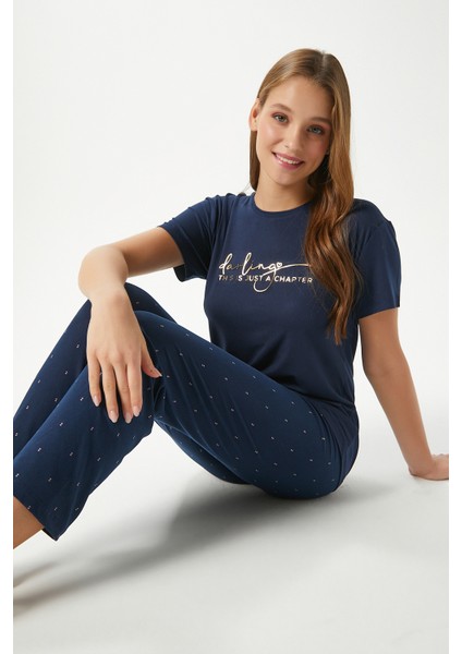 Kadın Darling Yumuşak Doku Lacivert Bisiklet Yaka Kısa Kollu Alt Üst Pijama Takımı