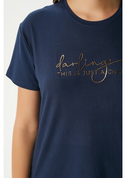 Kadın Darling Yumuşak Doku Lacivert Bisiklet Yaka Kısa Kollu Alt Üst Pijama Takımı fiyatları