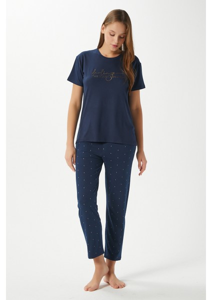 Kadın Darling Yumuşak Doku Lacivert Bisiklet Yaka Kısa Kollu Alt Üst Pijama Takımı fırsatları