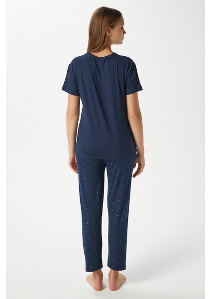 Kadın Darling Yumuşak Doku Lacivert Bisiklet Yaka Kısa Kollu Alt Üst Pijama Takımı indirimleri
