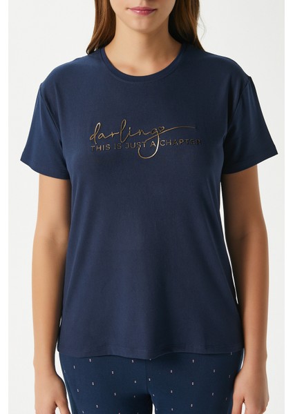 Kadın Darling Yumuşak Doku Lacivert Bisiklet Yaka Kısa Kollu Alt Üst Pijama Takımı