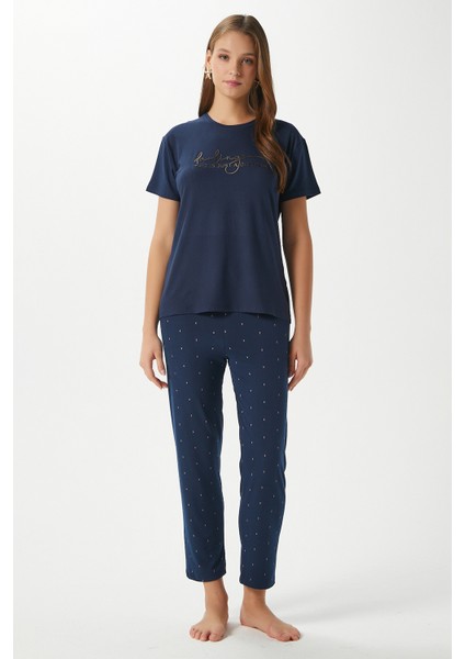 Kadın Darling Yumuşak Doku Lacivert Bisiklet Yaka Kısa Kollu Alt Üst Pijama Takımı