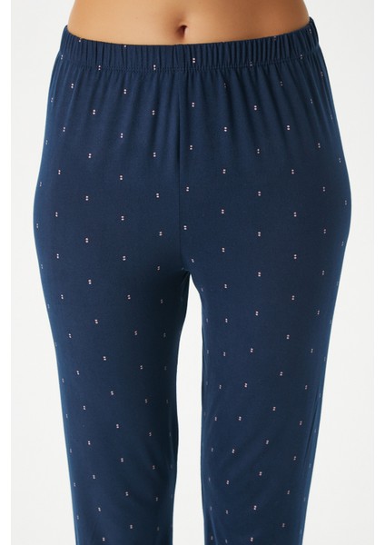 Kadın Darling Yumuşak Doku Lacivert Bisiklet Yaka Kısa Kollu Alt Üst Pijama Takımı