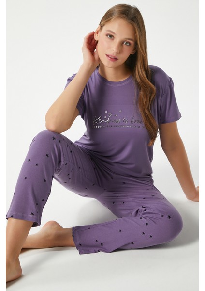 Kadın Kindness Yumuşak Doku Mürdüm Yıldız Desen Bisiklet Yaka Kısa Kollu Alt Üst Pijama Takımı