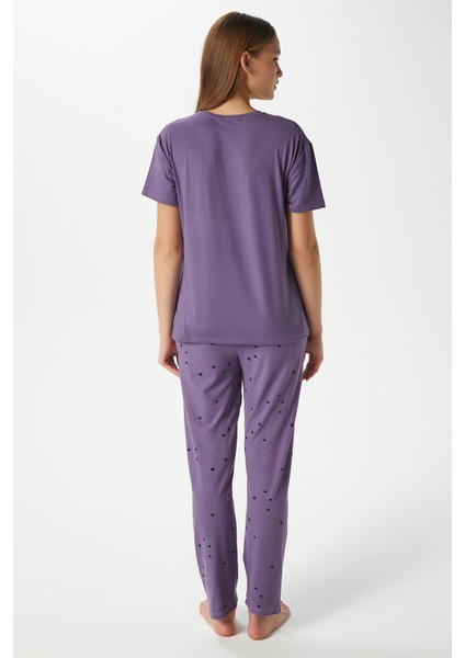 Kadın Kindness Yumuşak Doku Mürdüm Yıldız Desen Bisiklet Yaka Kısa Kollu Alt Üst Pijama Takımı fırsatları