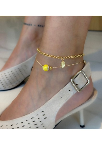 Yaprak Çelik, Sarı Seramik Boncuk Detaylı Ikili Çelik Halhal Seti