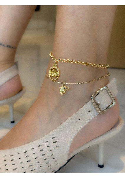 Kadın 2’li Çelik Halhal Seti – Yuvarlak Göz ve Fil Figürlü