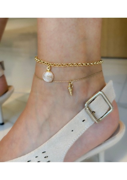 Pembe Deniz Kabuğu, Çelik Detaylı - Ikili Çelik Halhal Seti