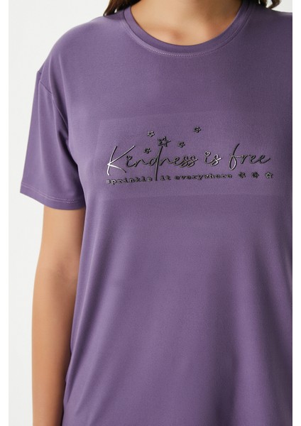 Kadın Kindness Yumuşak Doku Mürdüm Yıldız Desen Bisiklet Yaka Kısa Kollu Alt Üst Pijama Takımı