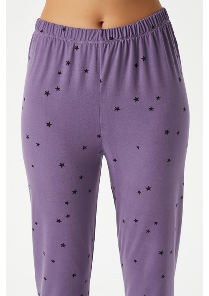 Kadın Kindness Yumuşak Doku Mürdüm Yıldız Desen Bisiklet Yaka Kısa Kollu Alt Üst Pijama Takımı