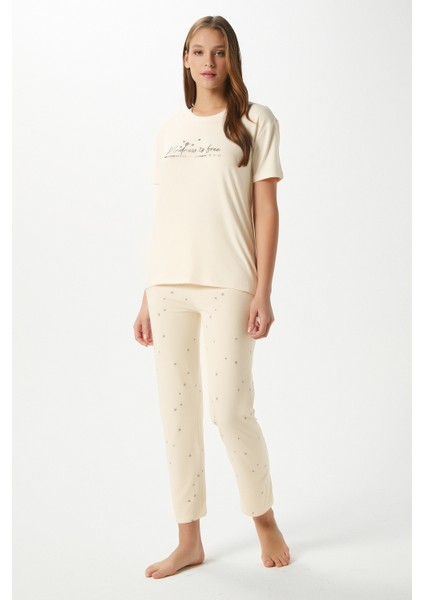 Kadın Kindness Yumuşak Doku Tereyağ Sarısı Yıldız Desen Bisiklet Yaka Kısa Kollu Alt Üst Pijama Takımı fırsatları