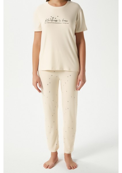 Kadın Kindness Yumuşak Doku Tereyağ Sarısı Yıldız Desen Bisiklet Yaka Kısa Kollu Alt Üst Pijama Takımı indirimleri