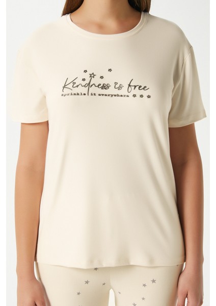 Kadın Kindness Yumuşak Doku Tereyağ Sarısı Yıldız Desen Bisiklet Yaka Kısa Kollu Alt Üst Pijama Takımı